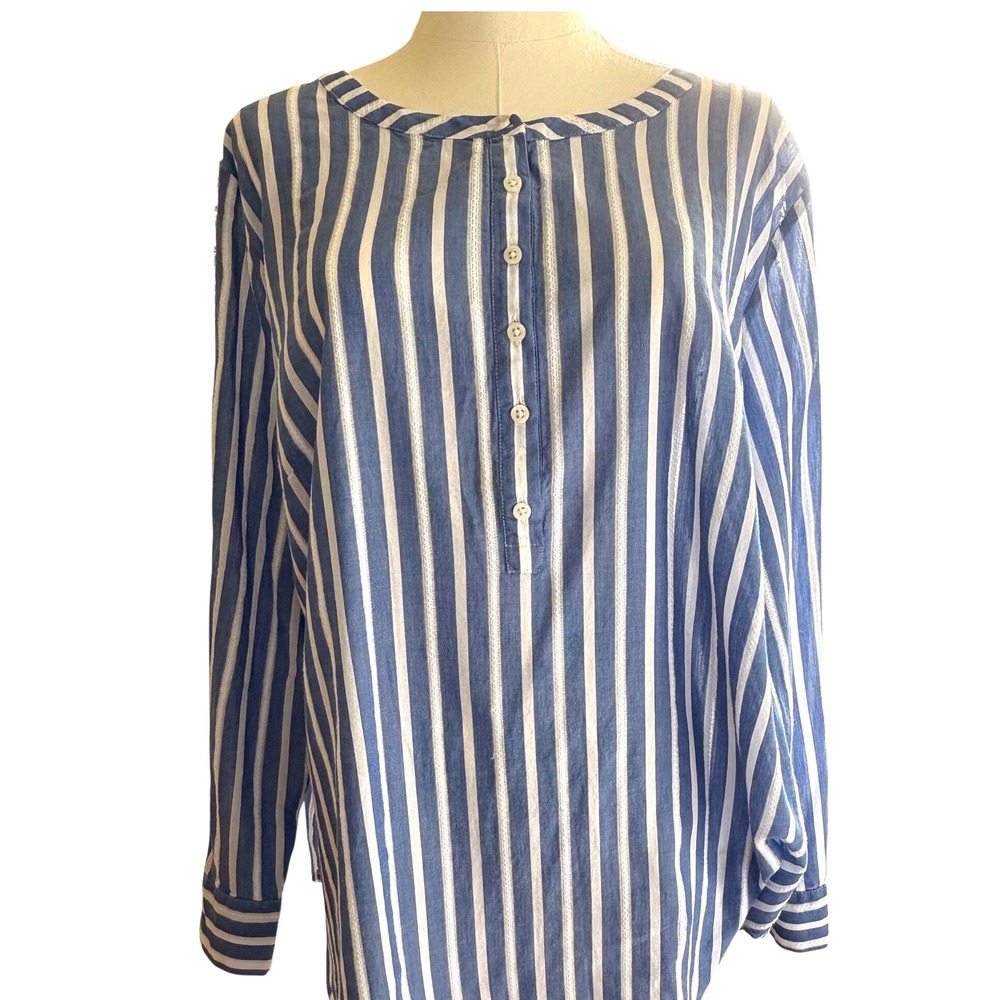 Talbots Woman 2X Blue White Striped Henley Blouse Eyelet Lace‎ Sleeve Trim Boho